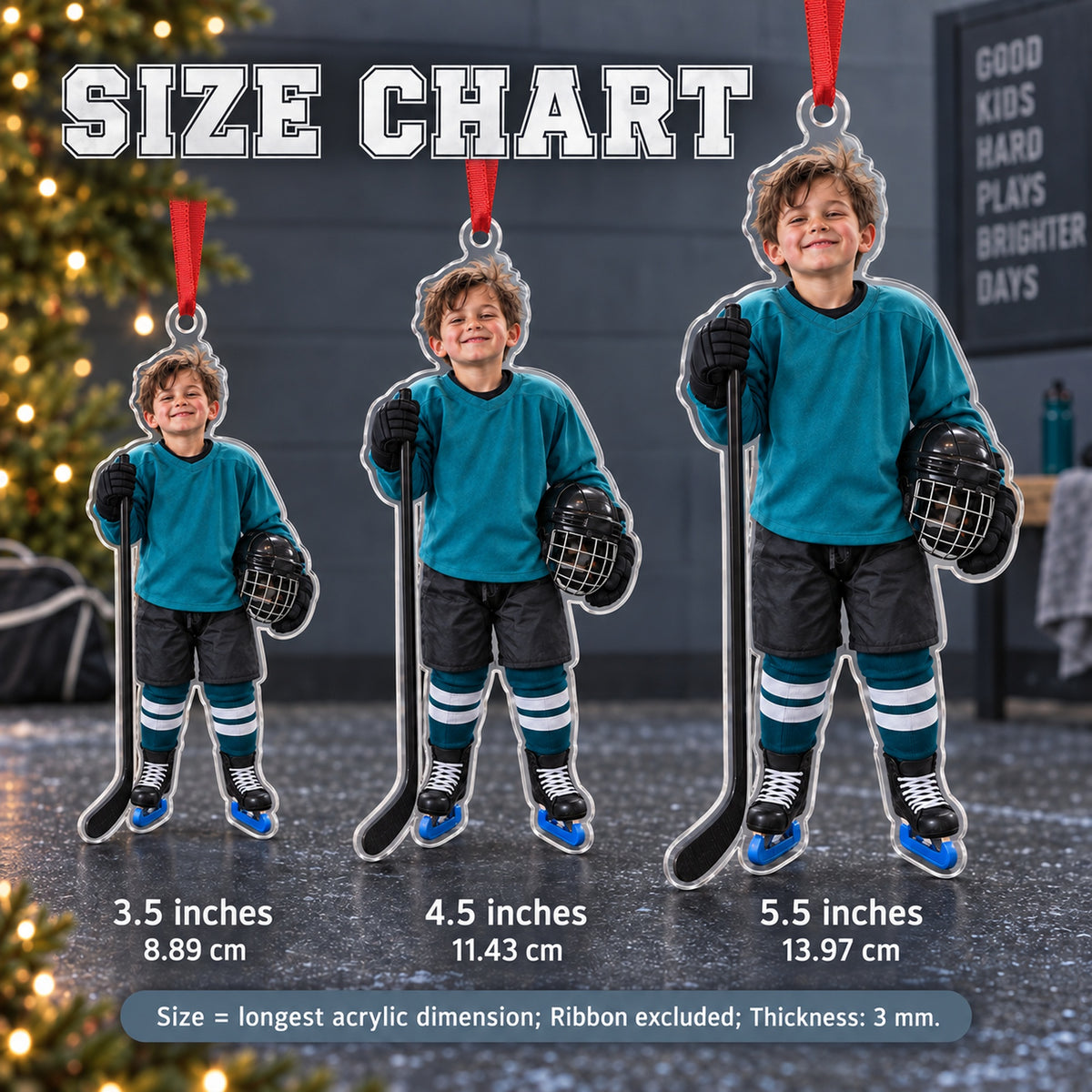 Custom Photo Hockey Helmet Hair Acrylic Ornament — Size guide