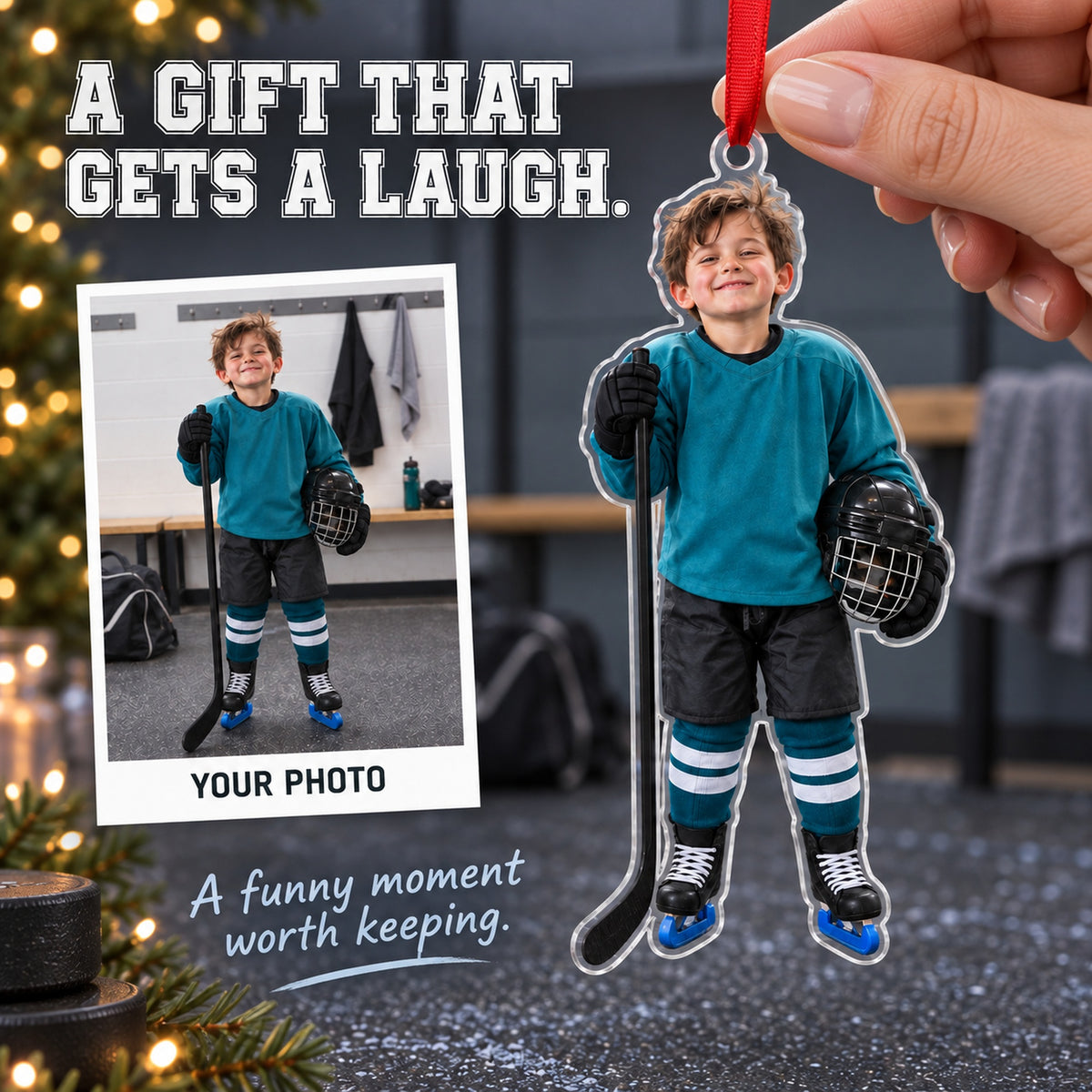 Custom Photo Hockey Helmet Hair Acrylic Ornament — Gift inspiration