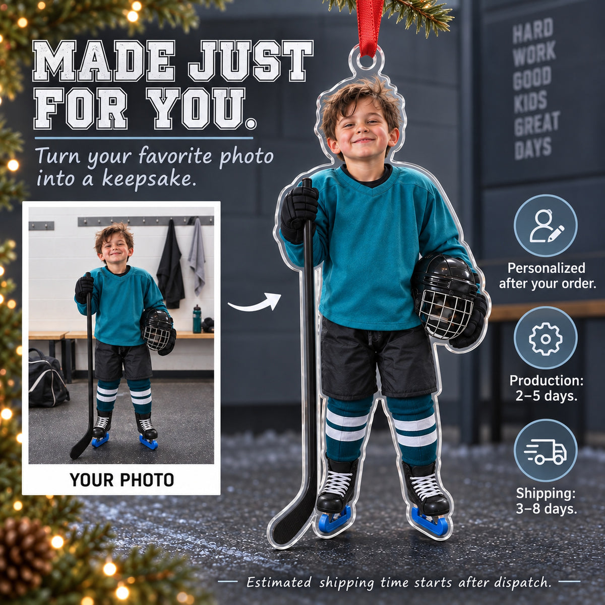 Custom Photo Hockey Helmet Hair Acrylic Ornament — Production and delivery
