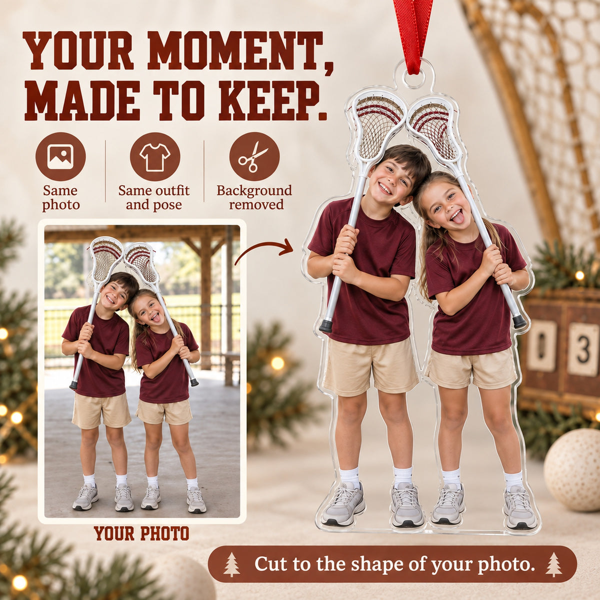 Custom Photo Lacrosse Stick Silly Acrylic Ornament — Personalization example