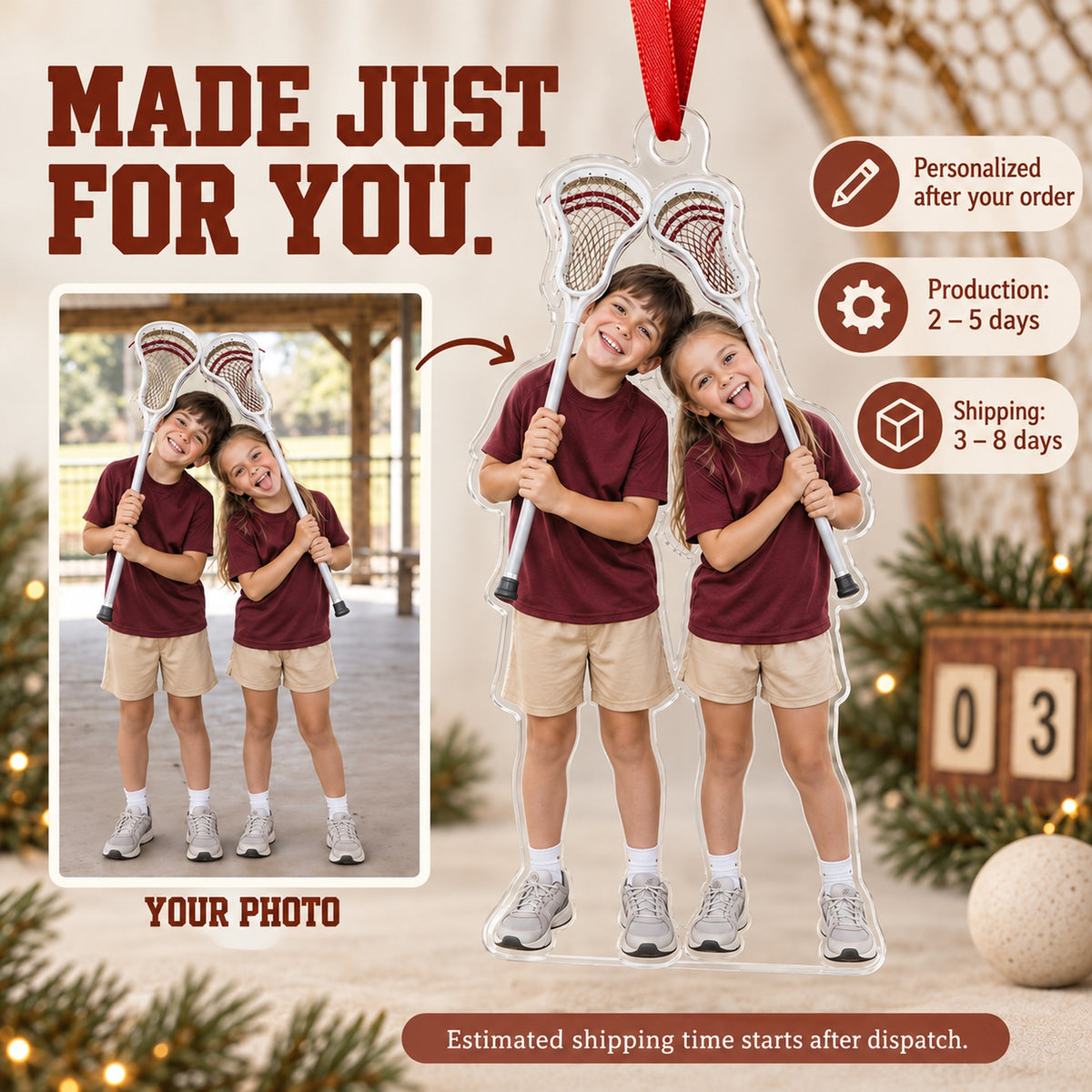 Custom Photo Lacrosse Stick Silly Acrylic Ornament — Production and delivery