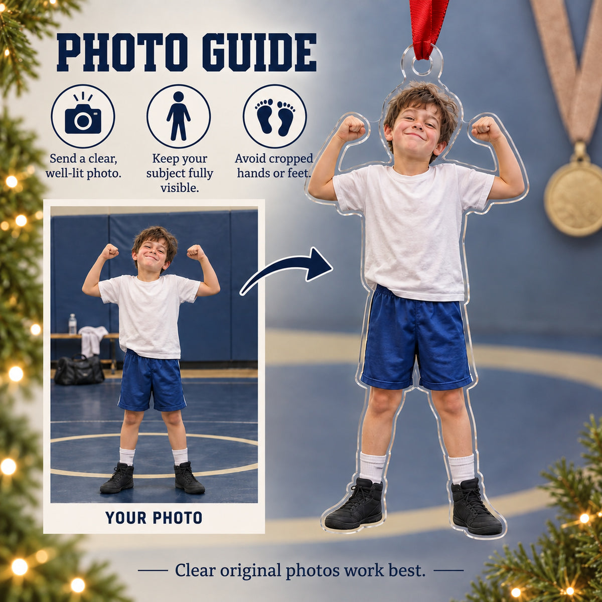Custom Photo Wrestling Victory Grin Acrylic Ornament — Personalization guide