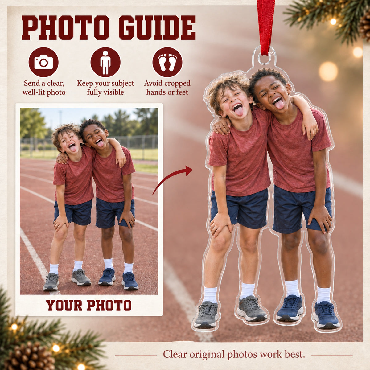 Custom Photo Track Finish Smile Acrylic Ornament — Personalization guide
