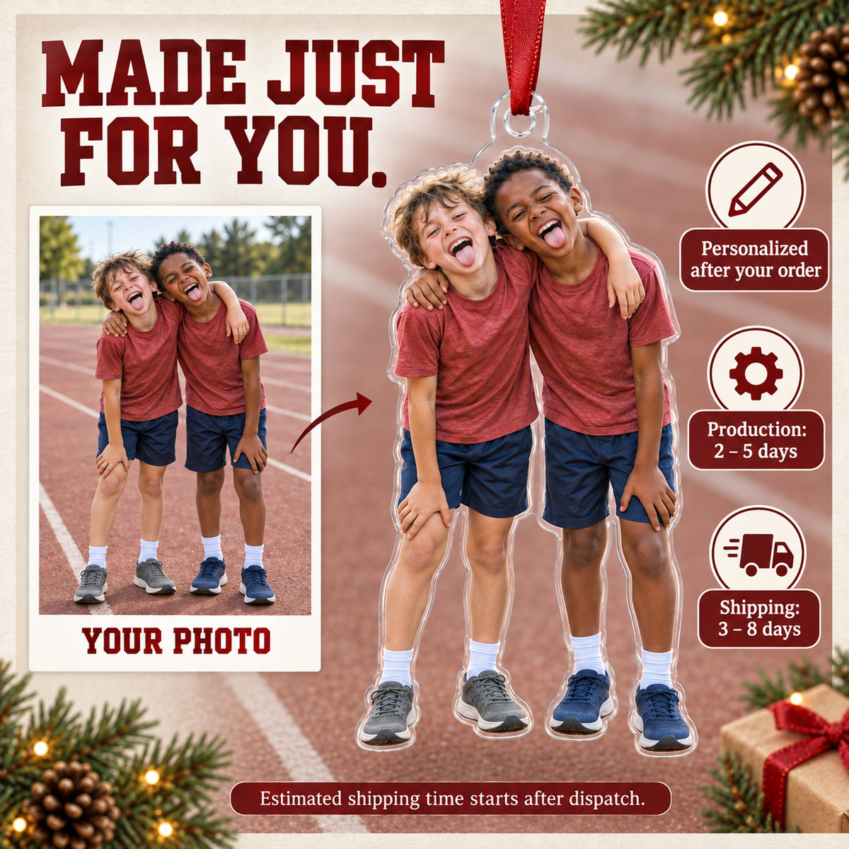 Custom Photo Track Finish Smile Acrylic Ornament — Production and delivery