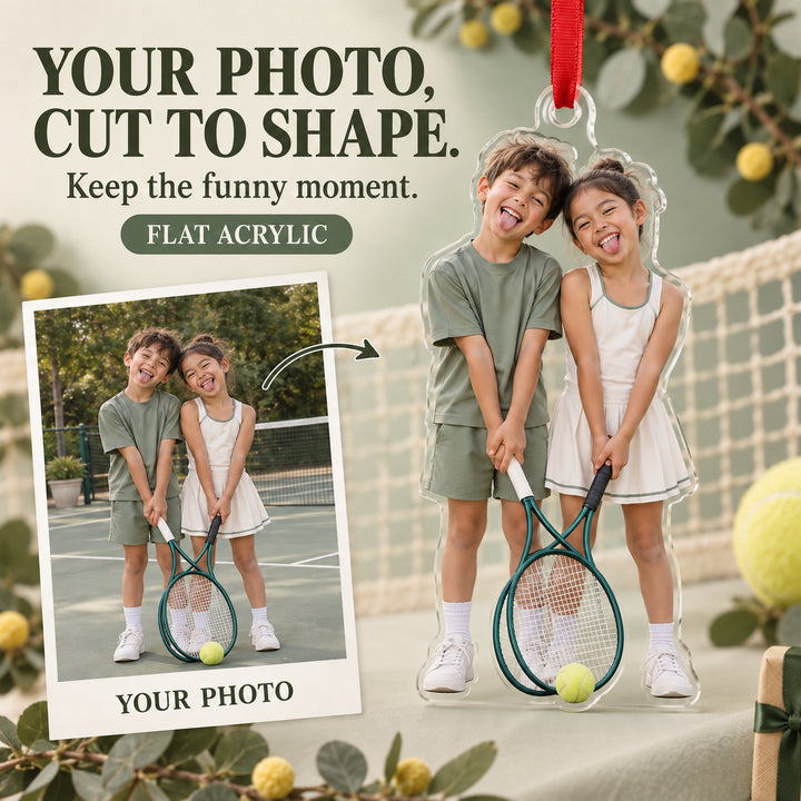 Custom Photo Tennis Doubles Giggles Acrylic Ornament — Main design