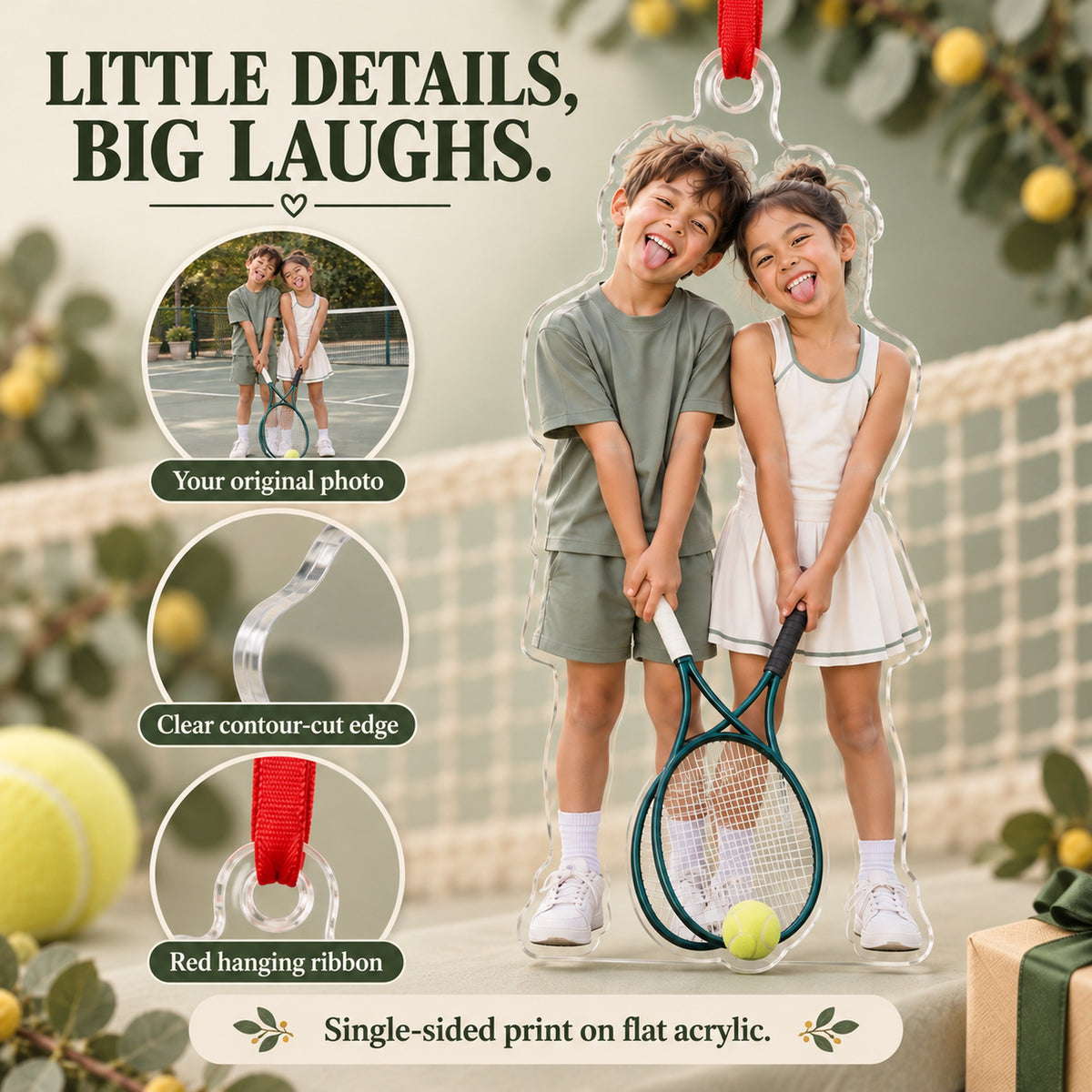 Custom Photo Tennis Doubles Giggles Acrylic Ornament — Product details