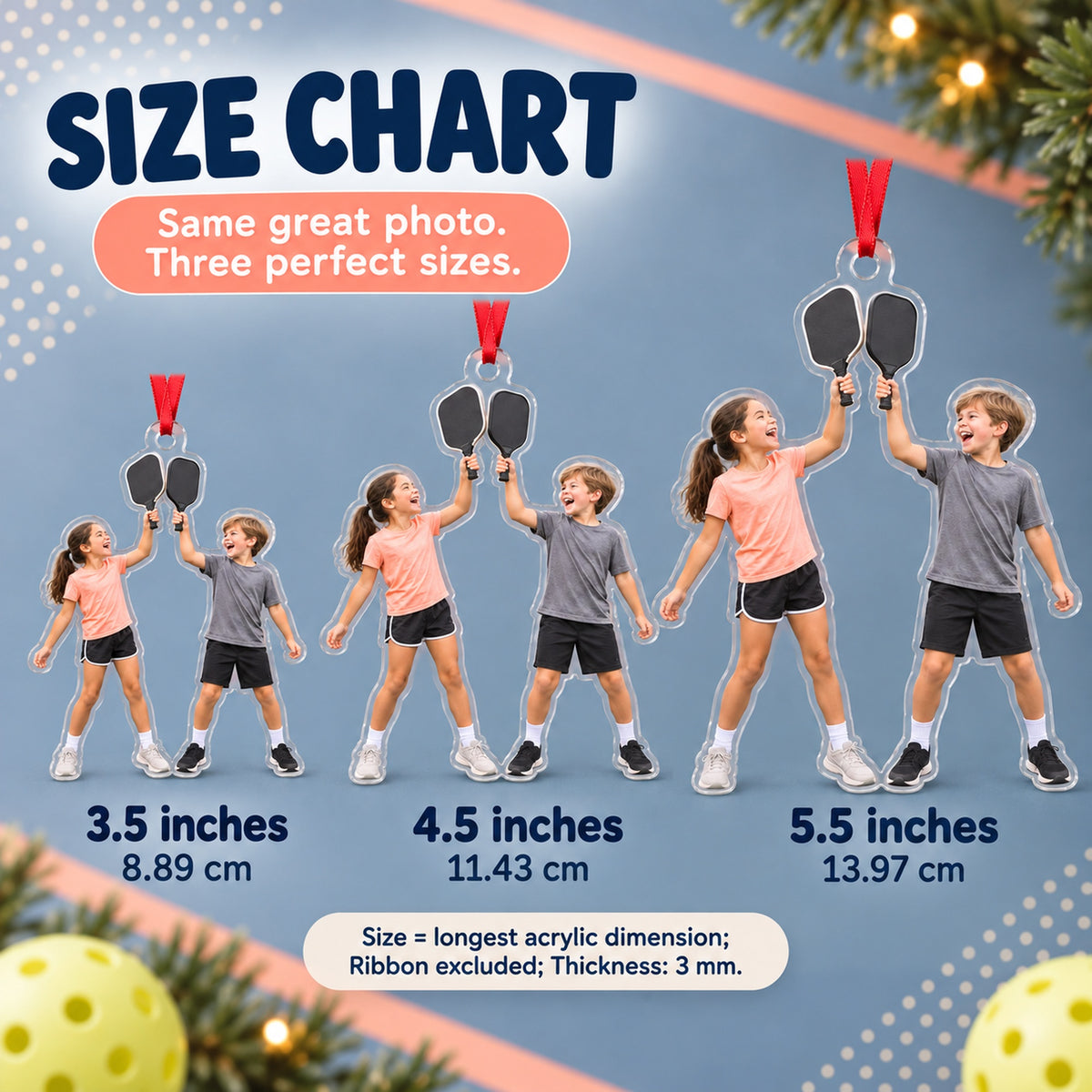 Custom Photo Pickleball Junior Cheers Acrylic Ornament — Size guide