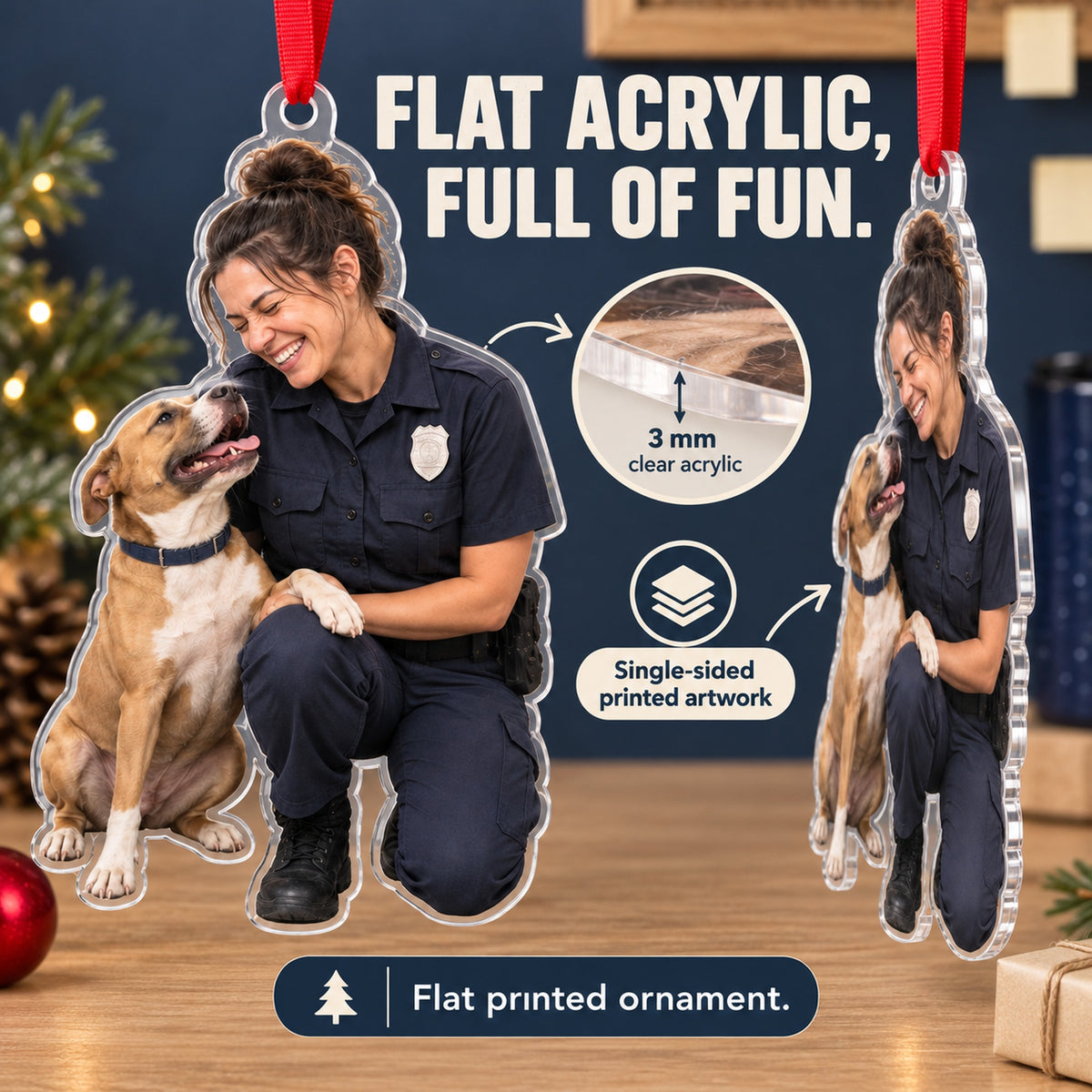 Custom Photo Police Puppy Partner Acrylic Ornament — Flat acrylic material