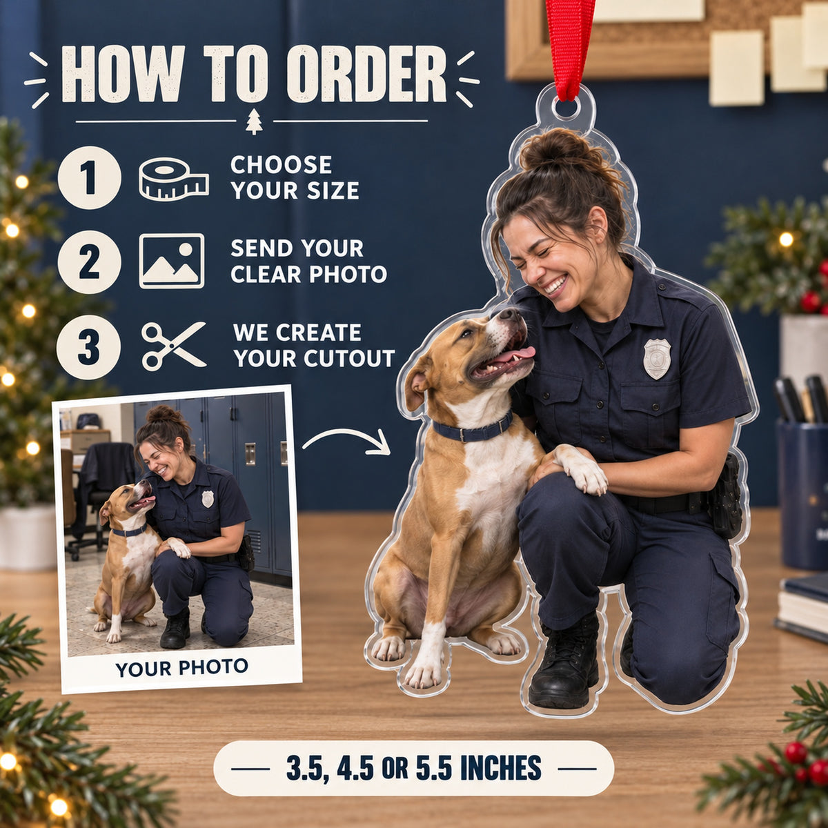 Custom Photo Police Puppy Partner Acrylic Ornament — How to order