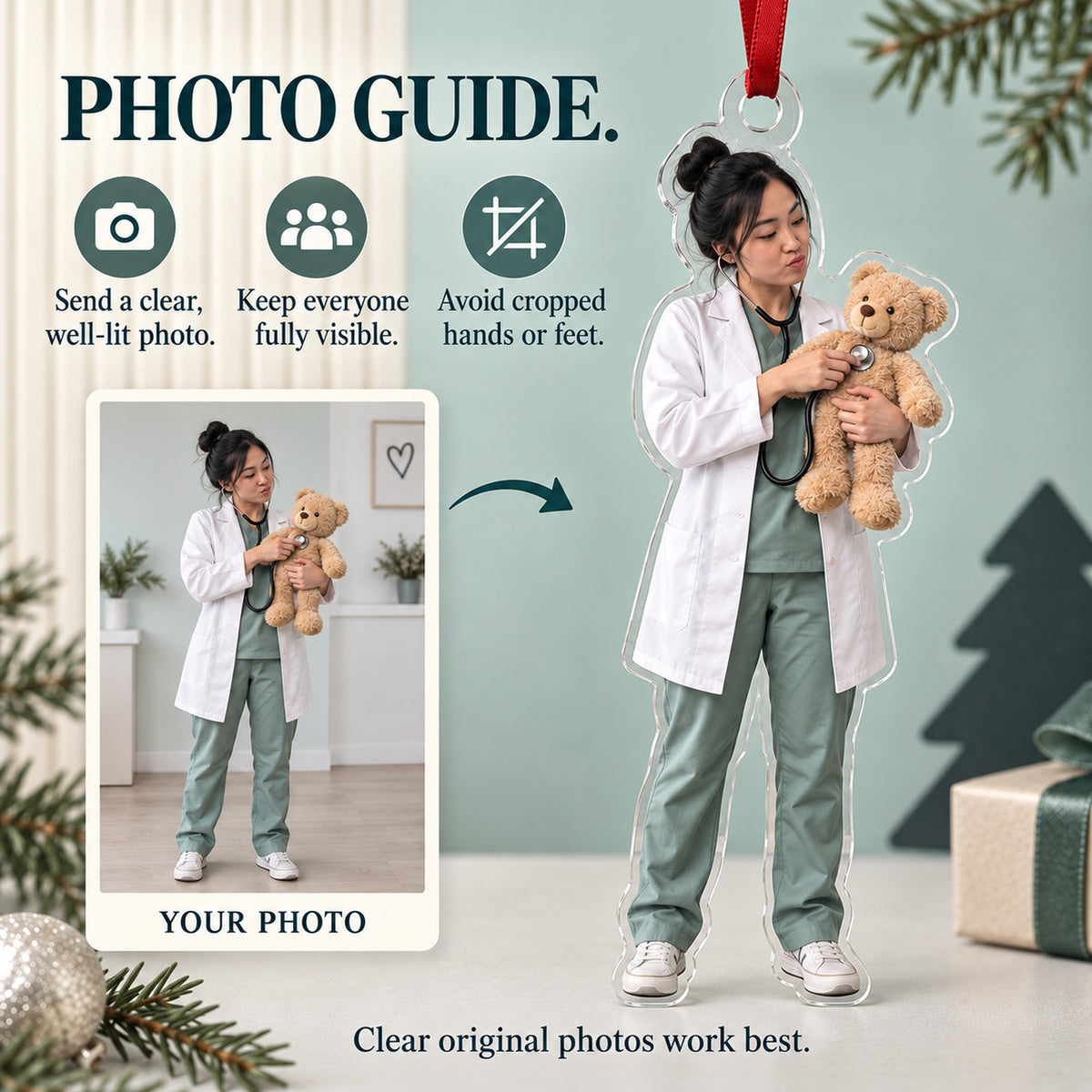 Custom Photo Doctor Teddy Checkup Acrylic Ornament — Personalization guide