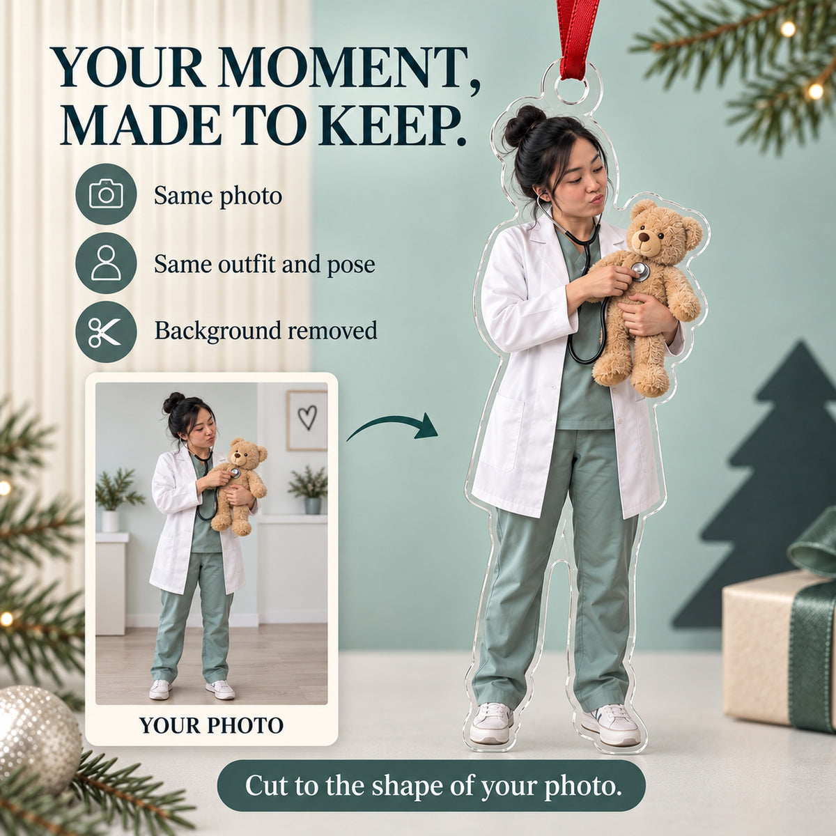 Custom Photo Doctor Teddy Checkup Acrylic Ornament — Personalization example