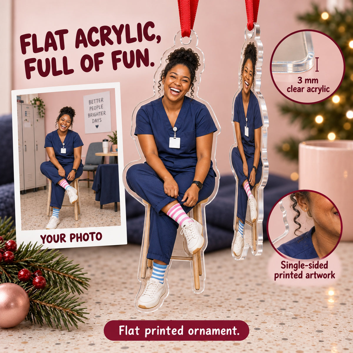 Custom Photo Nurse Silly Socks Acrylic Ornament — Flat acrylic material