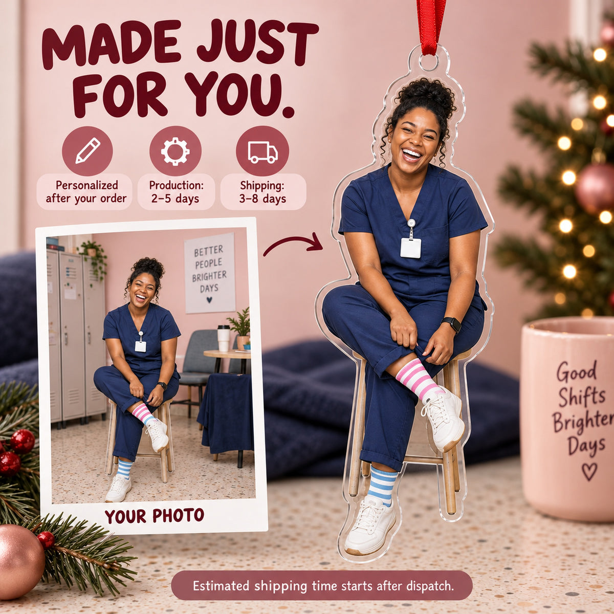 Custom Photo Nurse Silly Socks Acrylic Ornament — Production and delivery