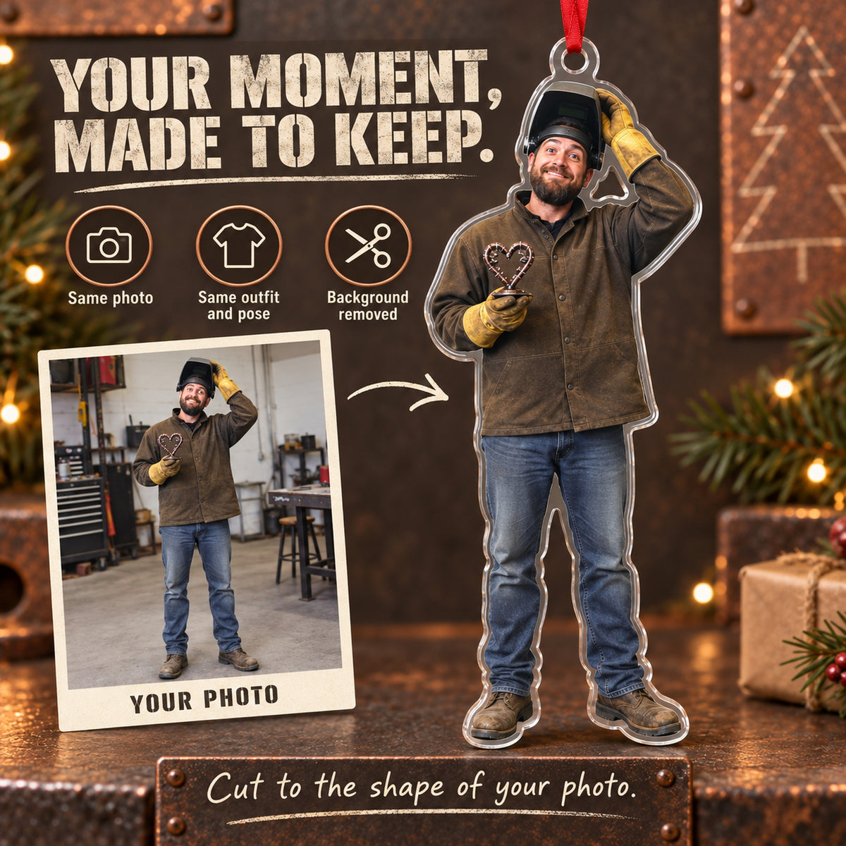 Custom Photo Welder Proud Creation Acrylic Ornament — Personalization example