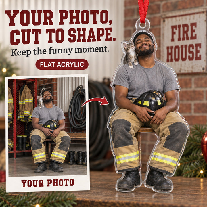 Custom Photo Firefighter Cat Partner Acrylic Ornament — Main design