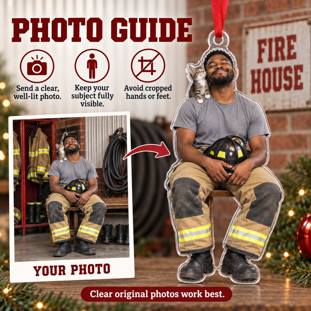 Custom Photo Firefighter Cat Partner Acrylic Ornament — Personalization guide