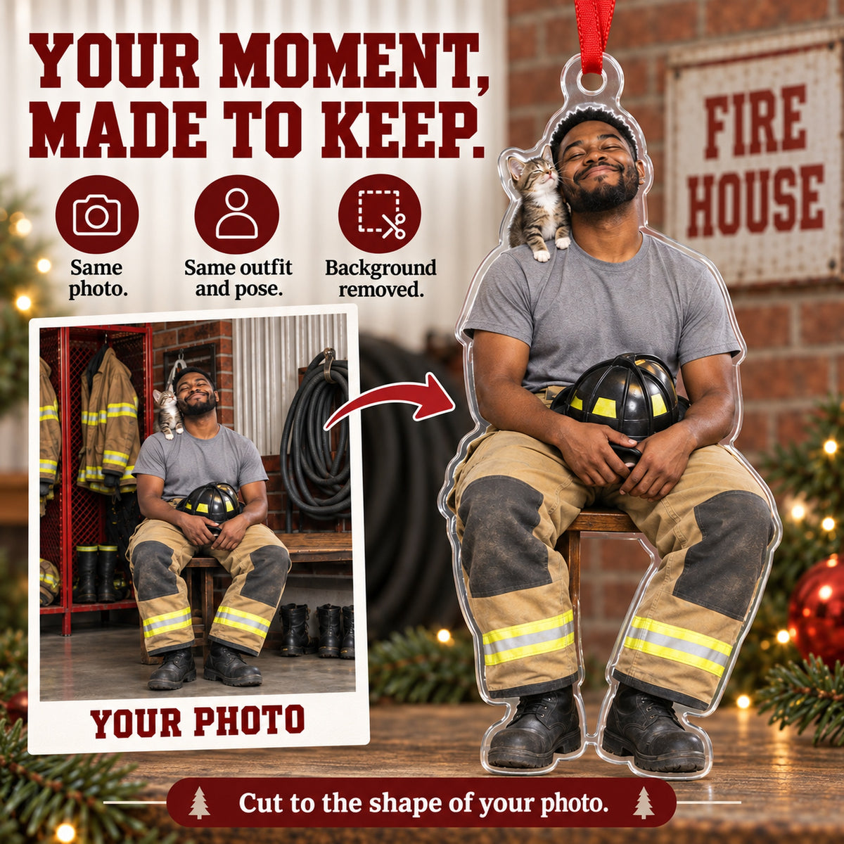 Custom Photo Firefighter Cat Partner Acrylic Ornament — Personalization example