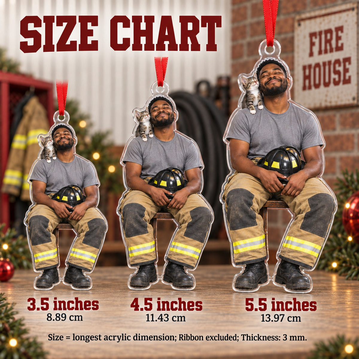 Custom Photo Firefighter Cat Partner Acrylic Ornament — Size guide
