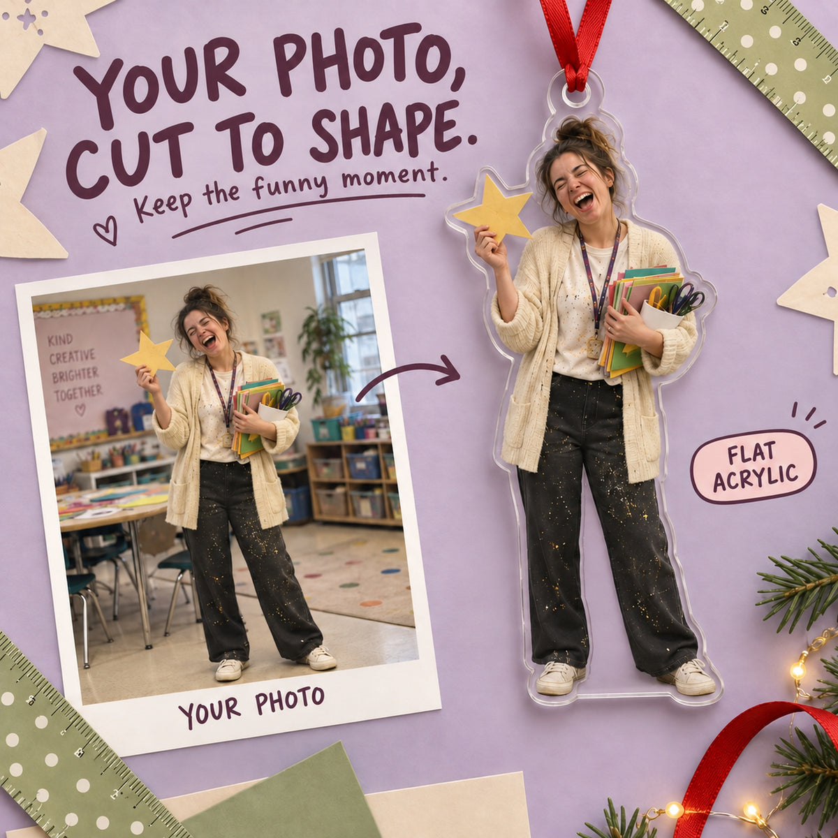 Custom Photo Teacher Glitter Day Acrylic Ornament — Main design
