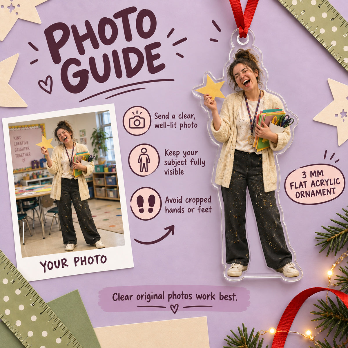 Custom Photo Teacher Glitter Day Acrylic Ornament — Personalization guide