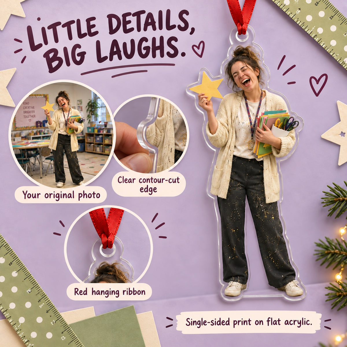 Custom Photo Teacher Glitter Day Acrylic Ornament — Product details