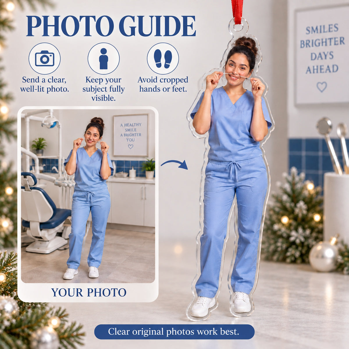 Custom Photo Dentist Floss Mustache Acrylic Ornament — Personalization guide
