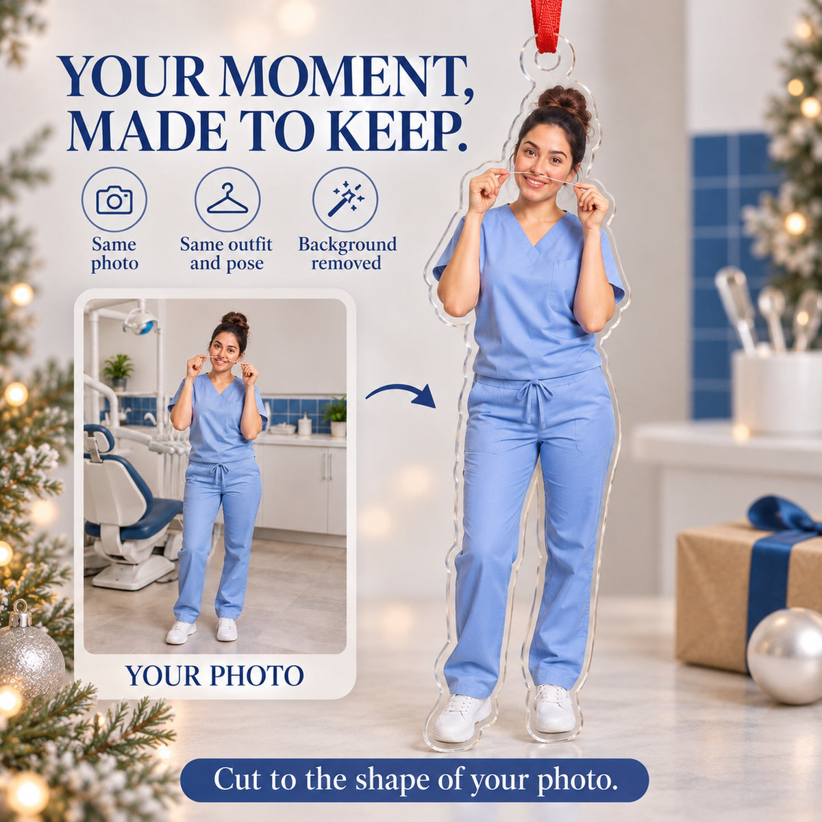 Custom Photo Dentist Floss Mustache Acrylic Ornament — Personalization example