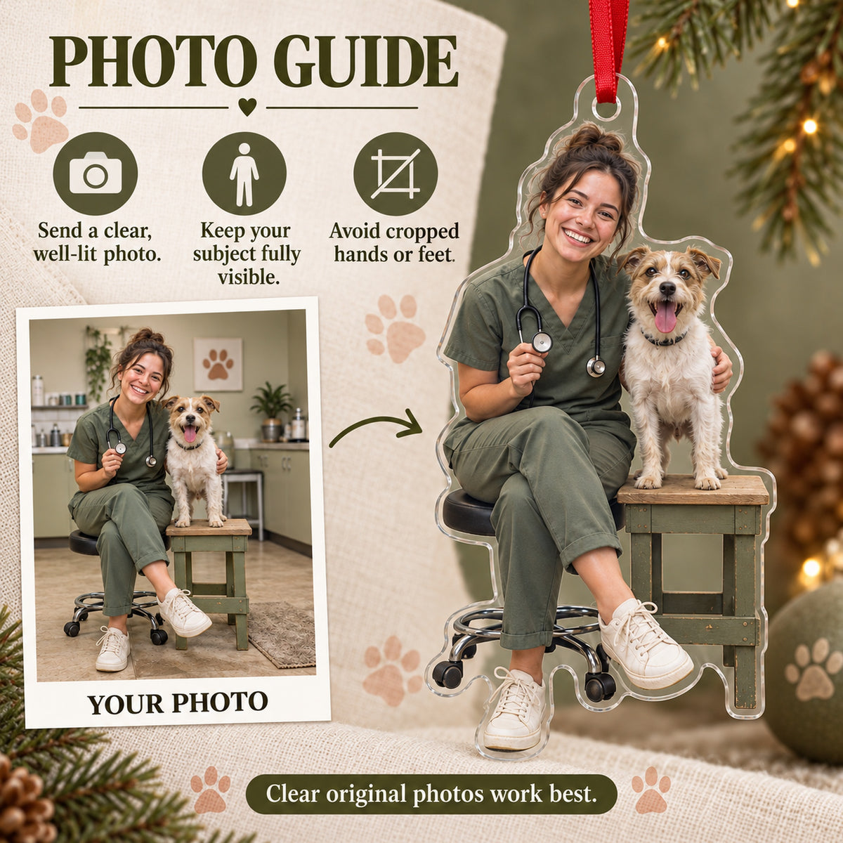 Custom Photo Vet Assistant Photobomb Acrylic Ornament — Personalization guide