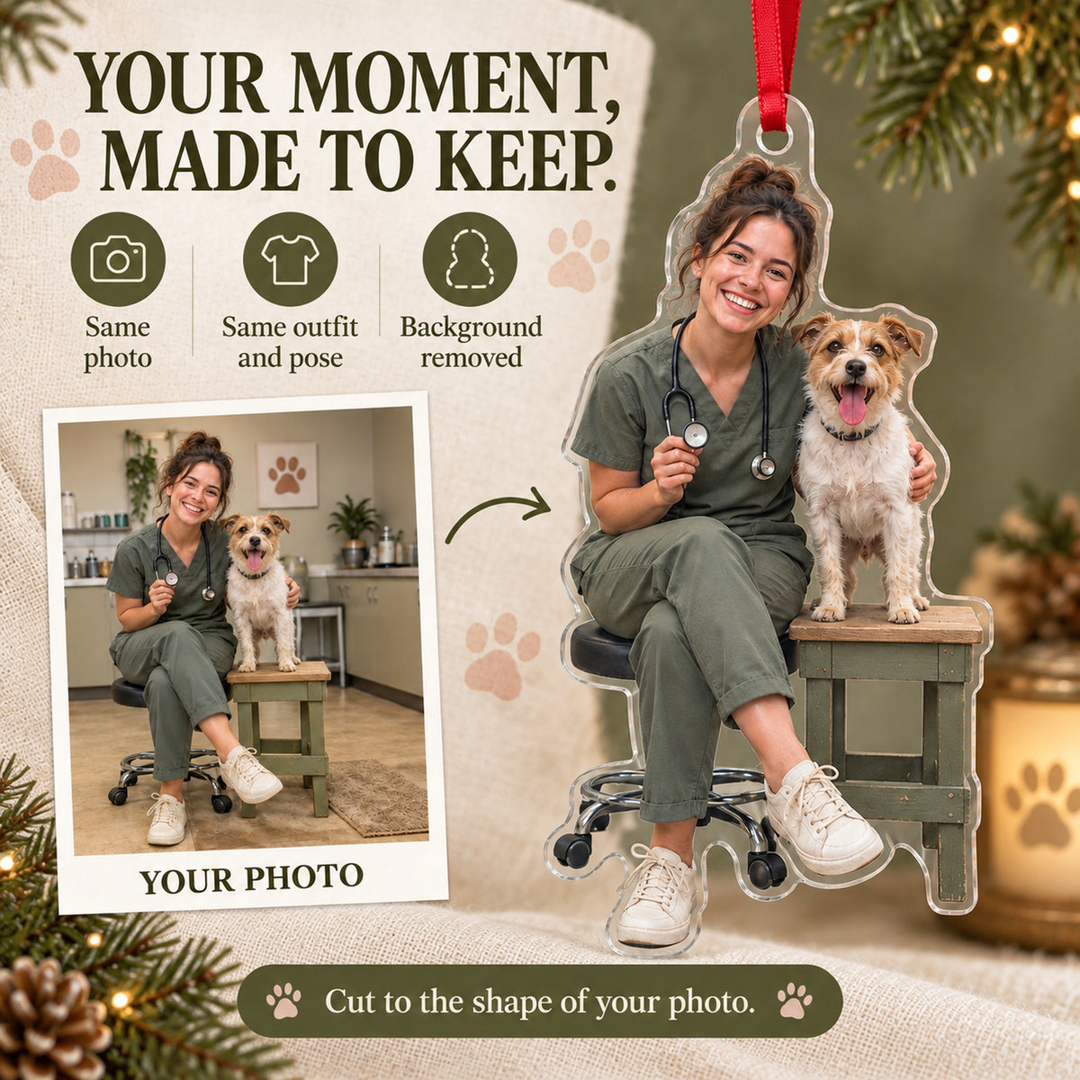 Custom Photo Vet Assistant Photobomb Acrylic Ornament — Personalization example