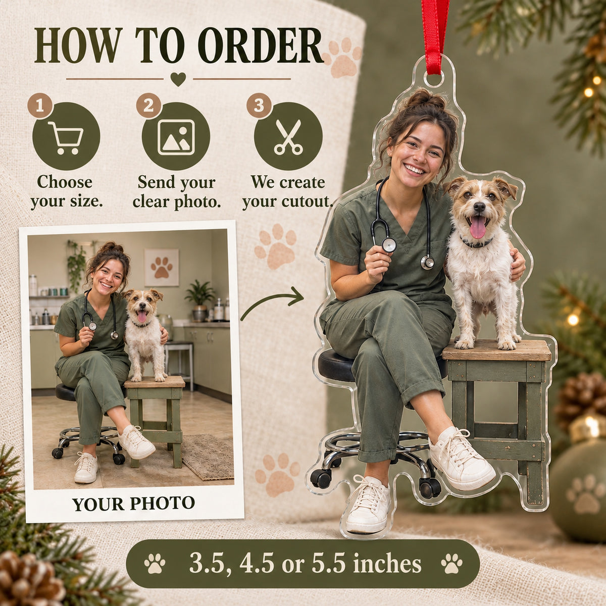 Custom Photo Vet Assistant Photobomb Acrylic Ornament — How to order