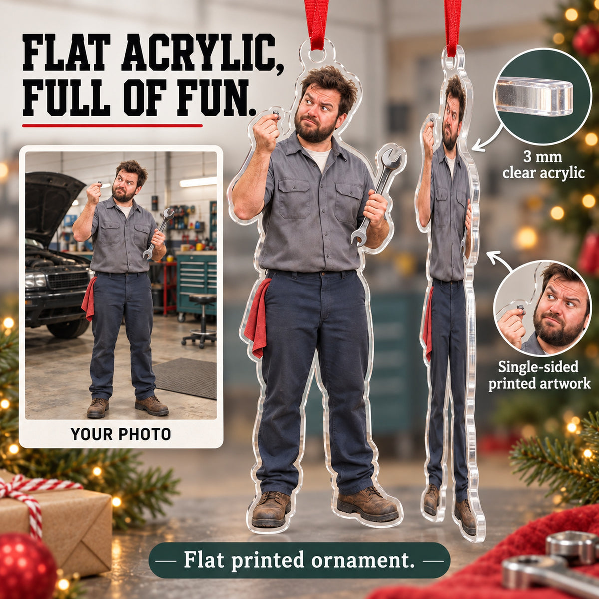 Custom Photo Mechanic Tiny Bolt Acrylic Ornament — Flat acrylic material