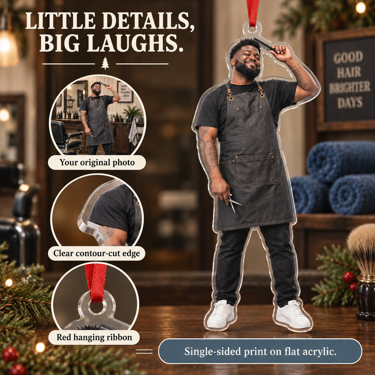 Custom Photo Barber Comb Salute Acrylic Ornament — Product details