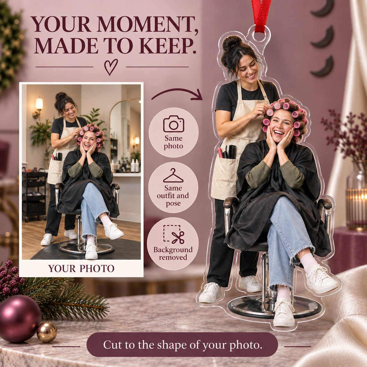 Custom Photo Hairstylist Curler Queen Acrylic Ornament — Personalization example