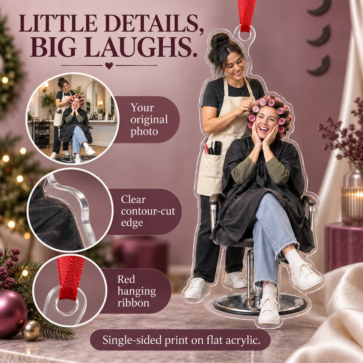 Custom Photo Hairstylist Curler Queen Acrylic Ornament — Product details