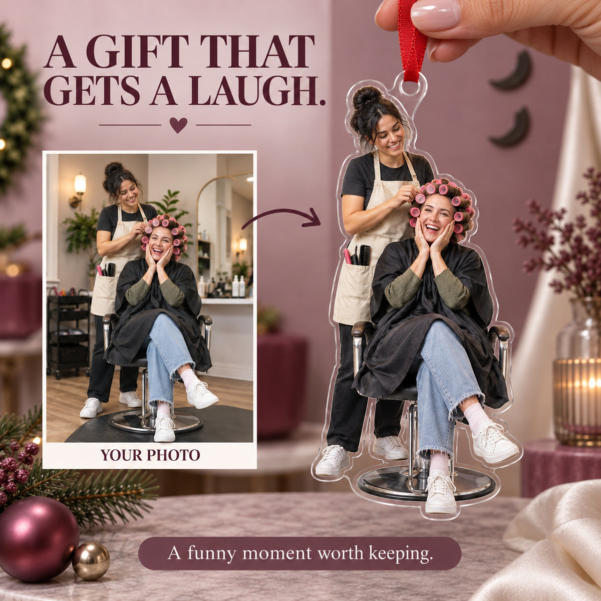 Custom Photo Hairstylist Curler Queen Acrylic Ornament — Gift inspiration