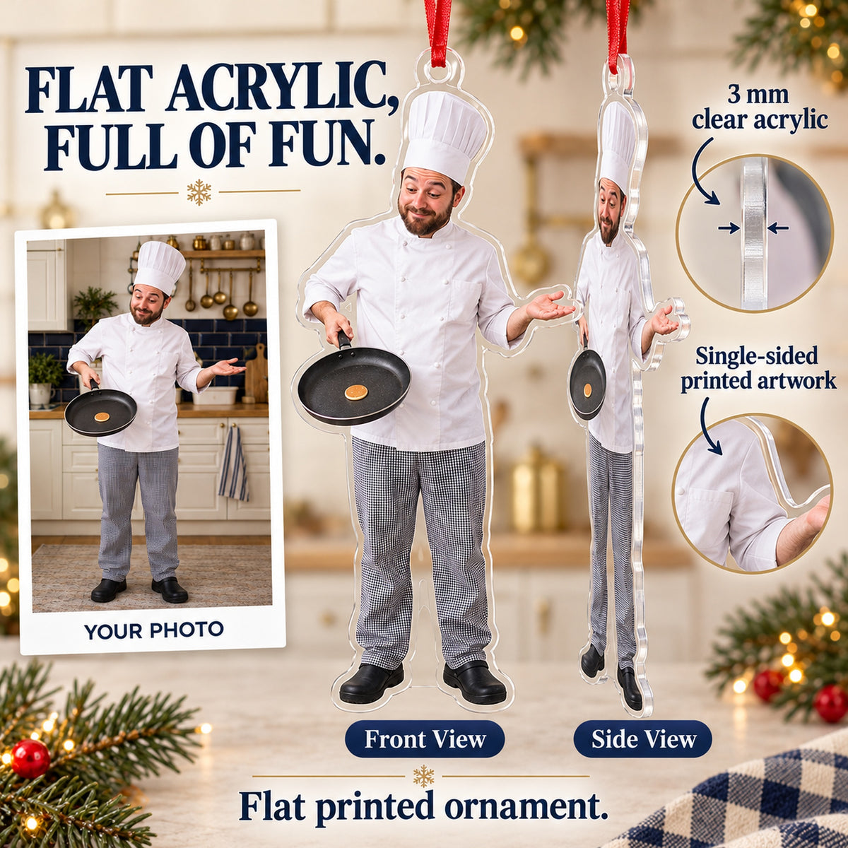 Custom Photo Chef Tiny Pancake Acrylic Ornament — Flat acrylic material