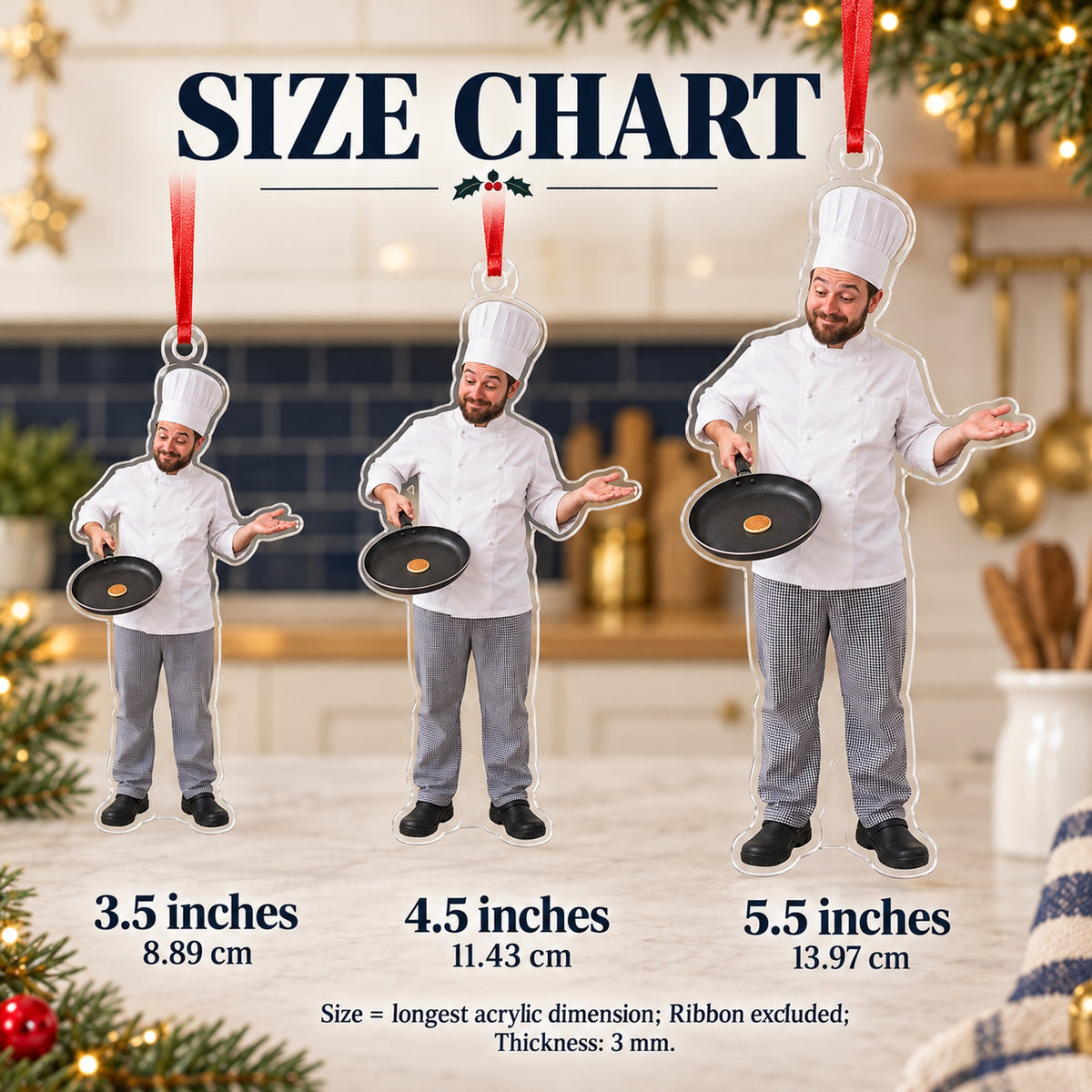 Custom Photo Chef Tiny Pancake Acrylic Ornament — Size guide