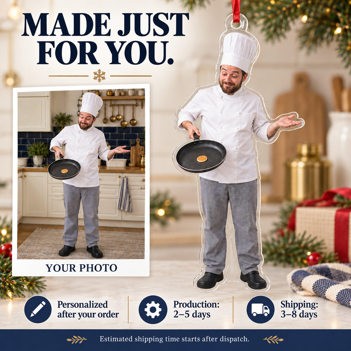 Custom Photo Chef Tiny Pancake Acrylic Ornament — Production and delivery
