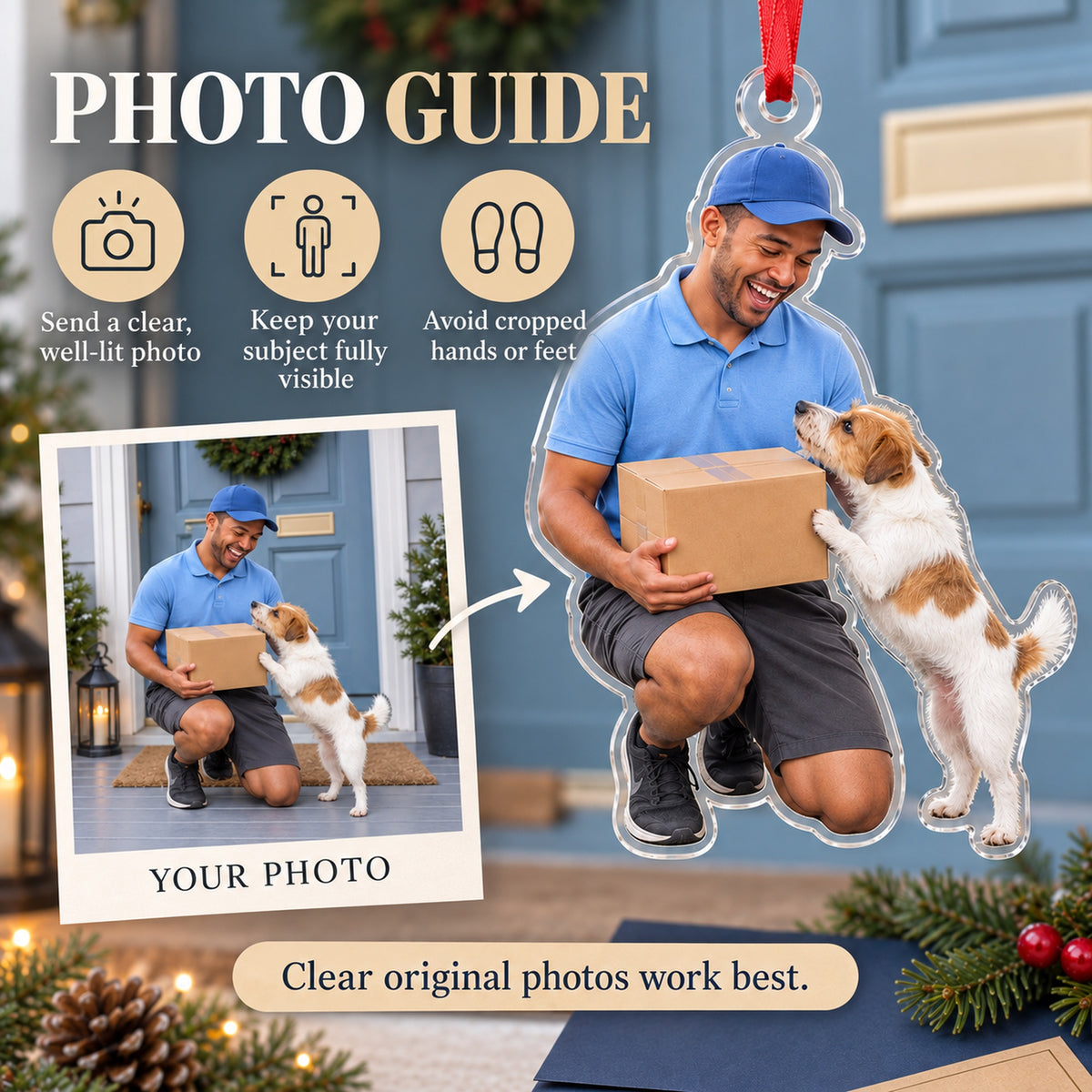 Custom Photo Mail Carrier Dog Greet Acrylic Ornament — Personalization guide
