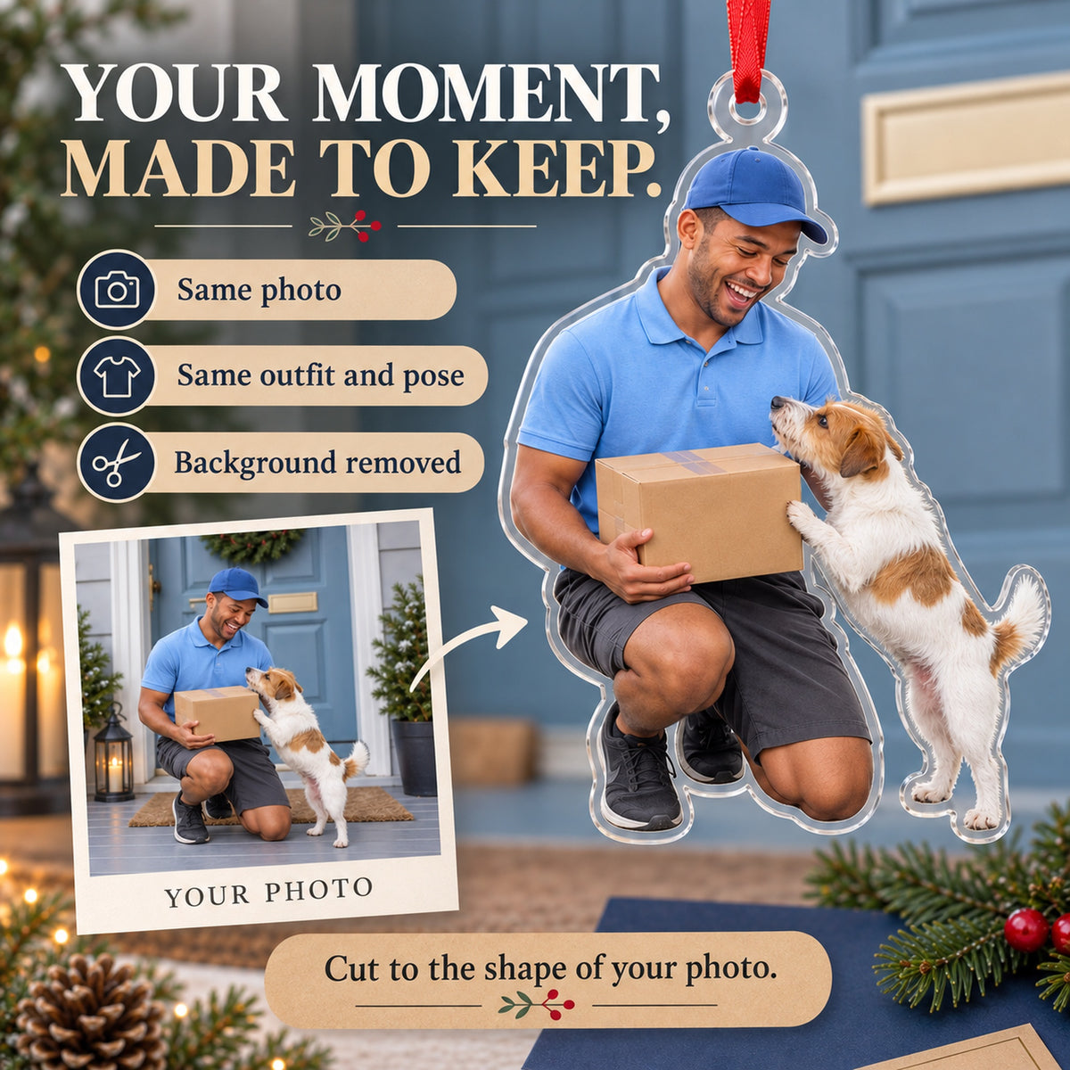 Custom Photo Mail Carrier Dog Greet Acrylic Ornament — Personalization example