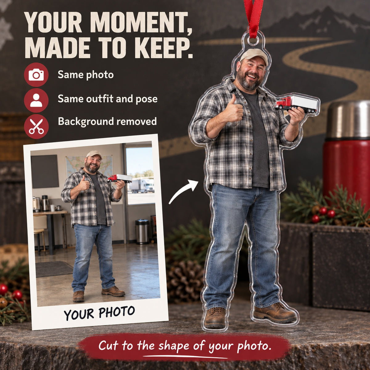 Custom Photo Truck Driver Mini Rig Acrylic Ornament — Personalization example