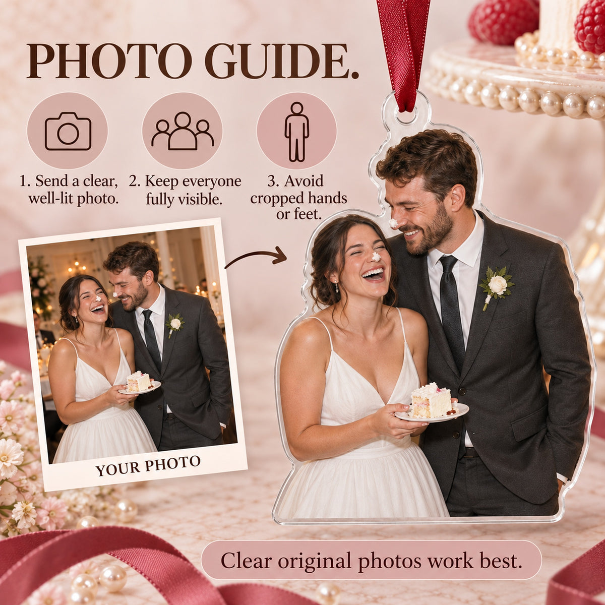 Custom Photo Wedding Cake Nose Acrylic Ornament — Personalization guide