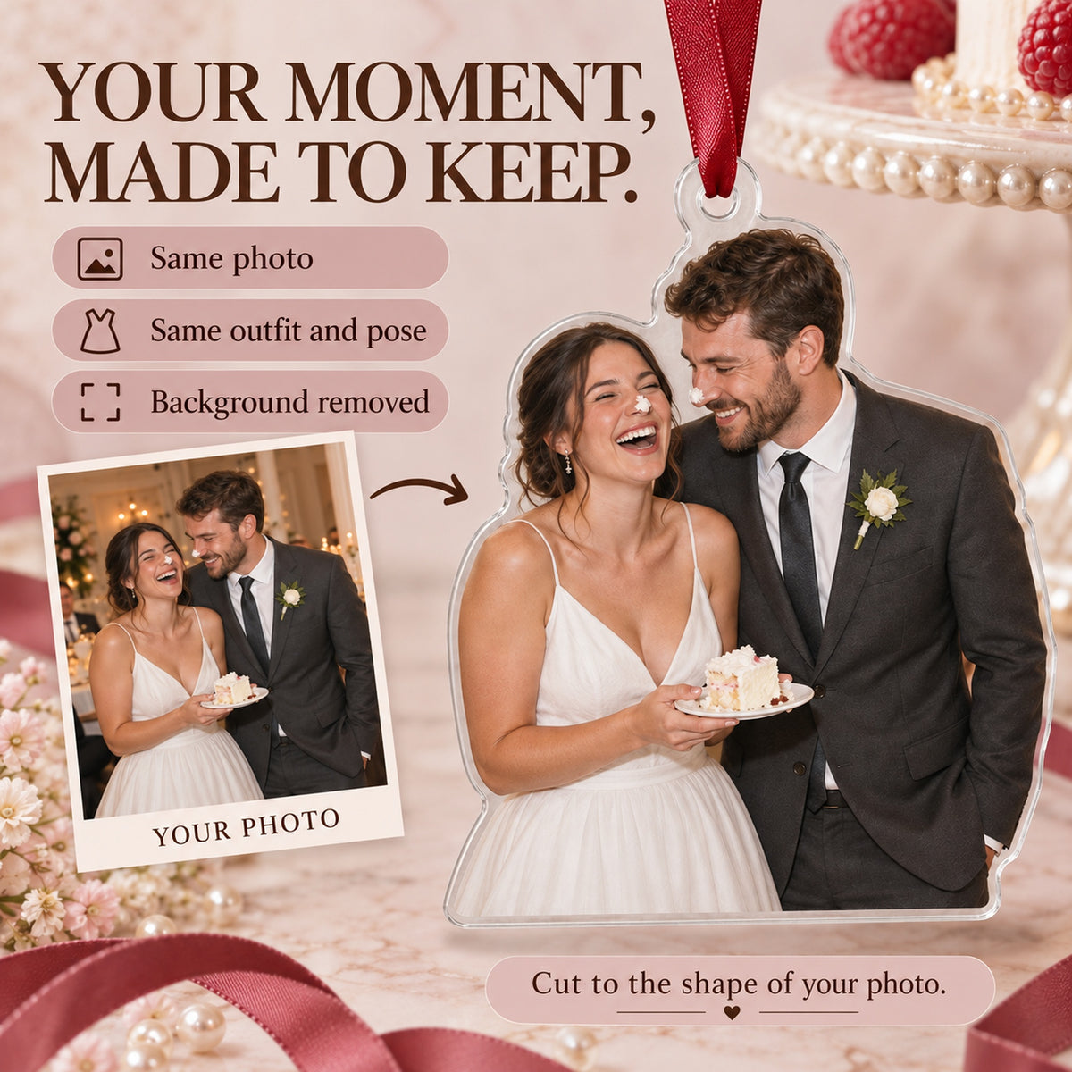 Custom Photo Wedding Cake Nose Acrylic Ornament — Personalization example