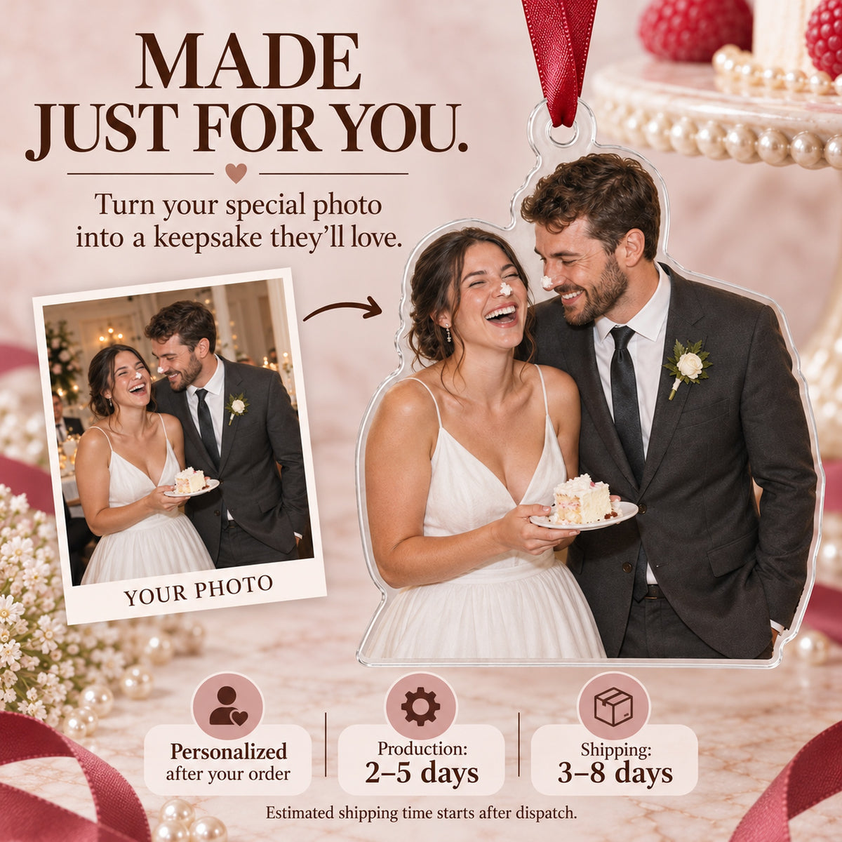 Custom Photo Wedding Cake Nose Acrylic Ornament — Production and delivery