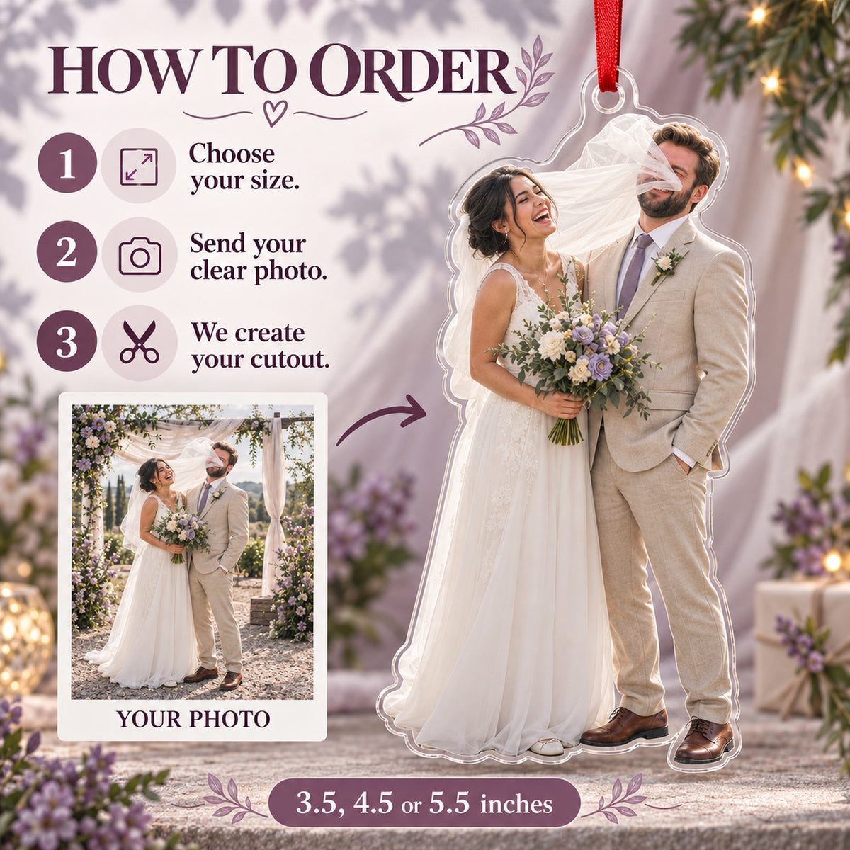 Custom Photo Veil Wind Moment Acrylic Ornament — How to order