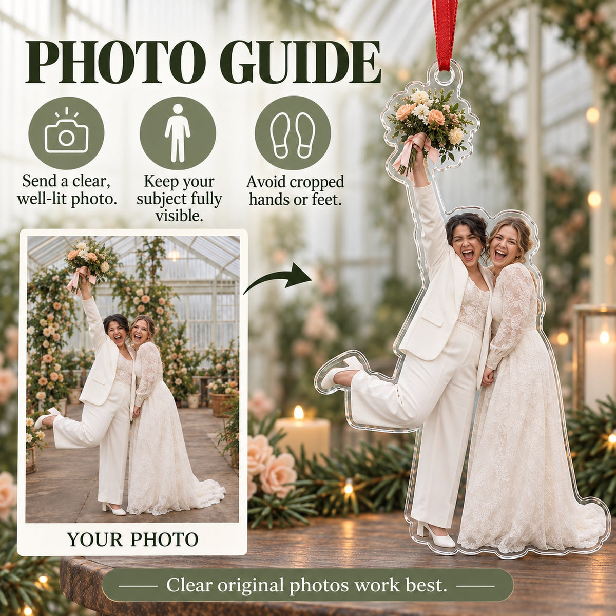 Custom Photo Bouquet and Big Grin Acrylic Ornament — Personalization guide