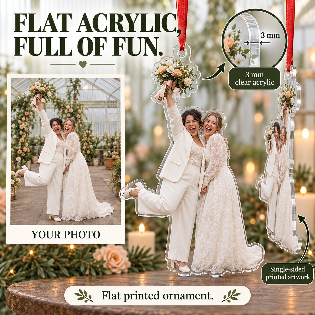 Custom Photo Bouquet and Big Grin Acrylic Ornament — Flat acrylic material