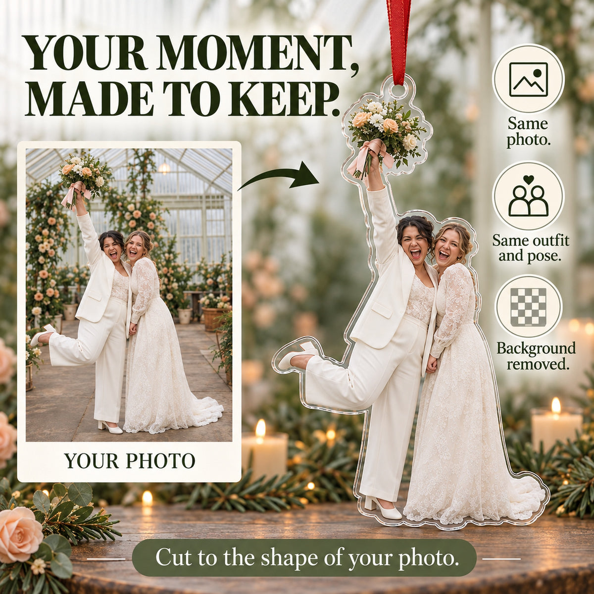 Custom Photo Bouquet and Big Grin Acrylic Ornament — Personalization example
