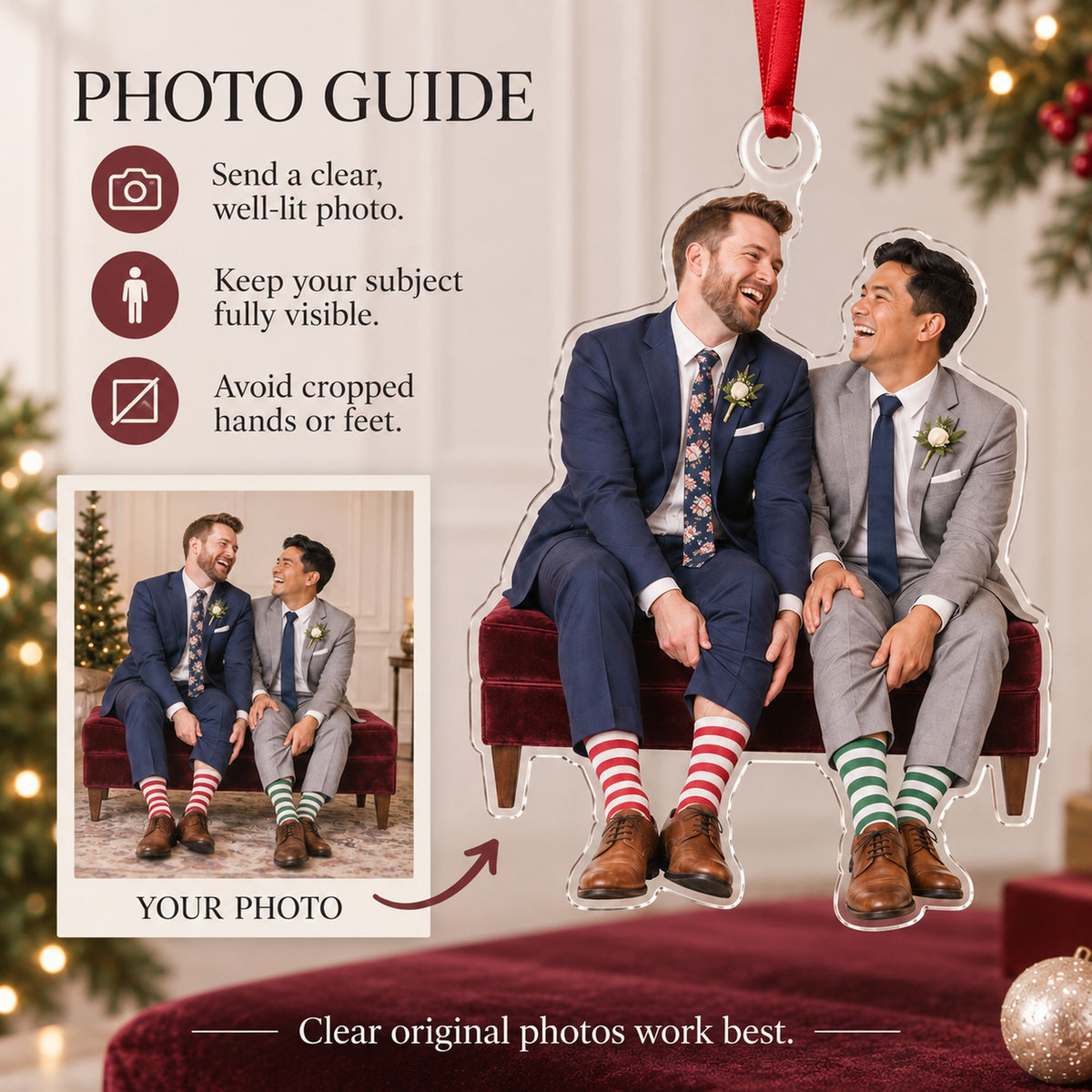 Custom Photo Two Grooms Silly Socks Acrylic Ornament — Personalization guide