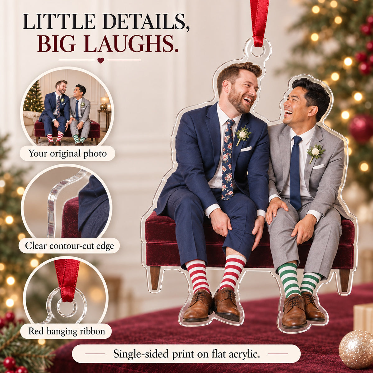 Custom Photo Two Grooms Silly Socks Acrylic Ornament — Product details